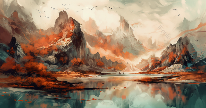 秋季时节秀丽山水湖泊美景水墨手绘背景,插画/手绘图,插画/手绘图库,插画/手绘图下载,插画/手绘
